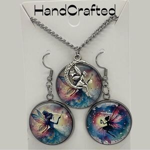 Hand Crafted Blue Pink Silver FairyCore Necklace Earrings Set NWT OS